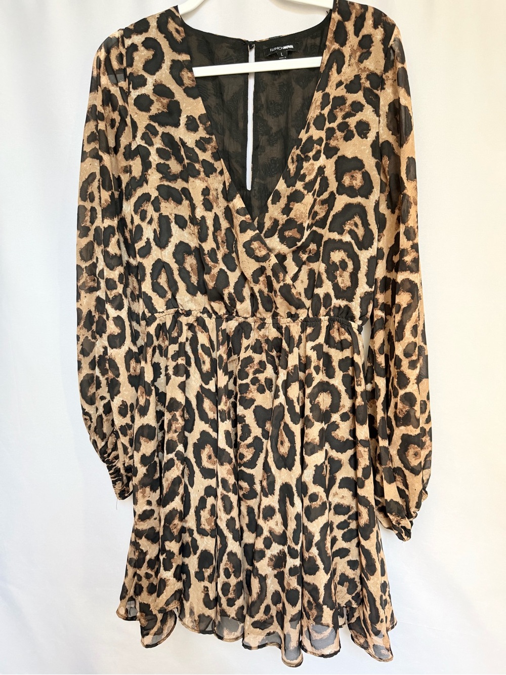Fashion Nova Leopard-Print Long Sleeve Wrap Dress - Black & Tan, Large